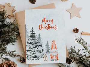 Weihnachtskarte mit Gnom in Aquarell