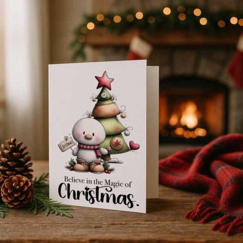 Weihnachtskarte „Believe in the Magic of Christmas“ – süßes Wintermotiv zum Ausdrucken