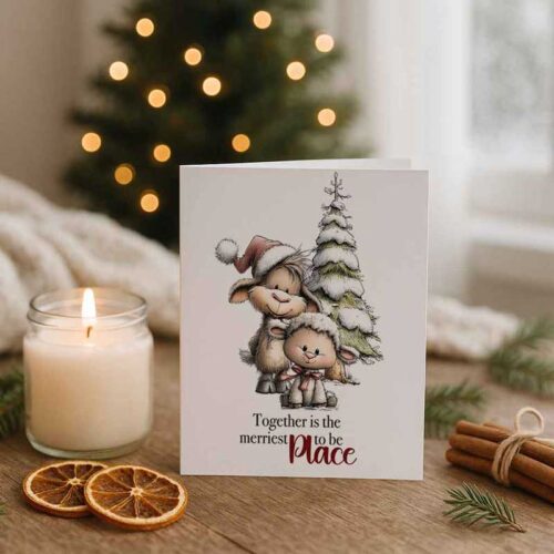 Weihnachtskarte „Together is the Merriest Place to Be“ – süßes Wintermotiv zum Ausdrucken