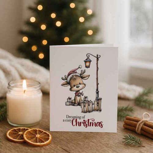 Weihnachtskarte „Dreaming of a Cozy Christmas“ – niedliches Rehkitz-Motiv zum Ausdrucken