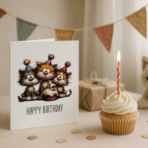 Geburtstagskarte „Happy Birthday“ – Süße Katzenfamilie | Printable Karte zum Ausdrucken