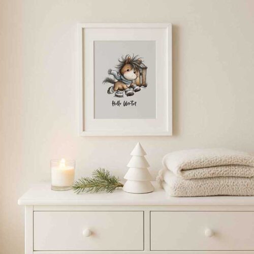 Winter Poster „Hello Winter“ Kleines Pferd im Schnee | A4 Printable