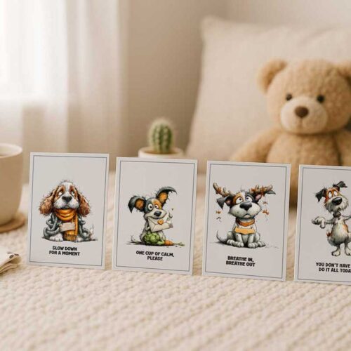 Self-Care Karten Set – 4 liebevolle Hundemotive | Achtsamkeitskarten zum Ausdrucken