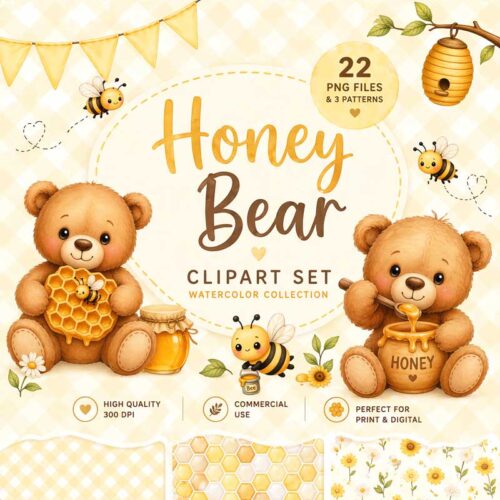 Honey Bears Clipart Set – Süße Bären & Honig Illustrationen für deine DIY Projekte